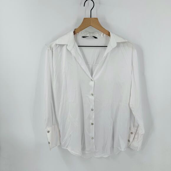 Zara Tops - Zara White Button Down Blouse Roll Tab Sleeves Size S Lightweight Polyester